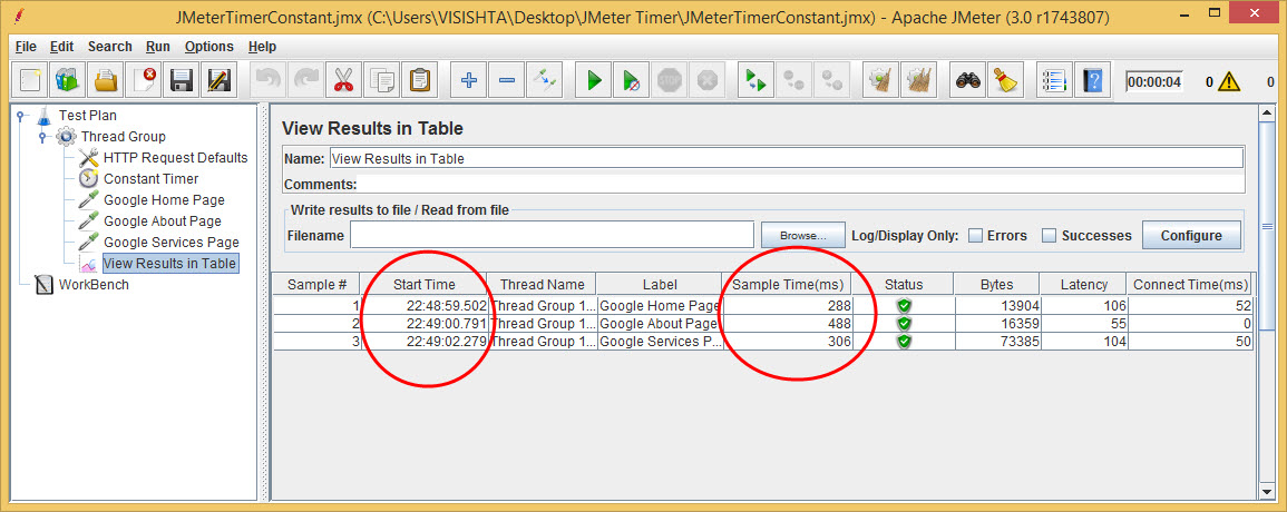 Apache JMeter Timer Constant Timer Results Table